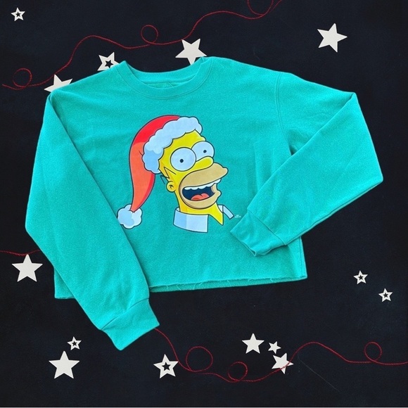 The Simpsons Tops - The Simpsons Christmas Xmas Santa Homer Simpson Cropped Crew Neck Green NWT